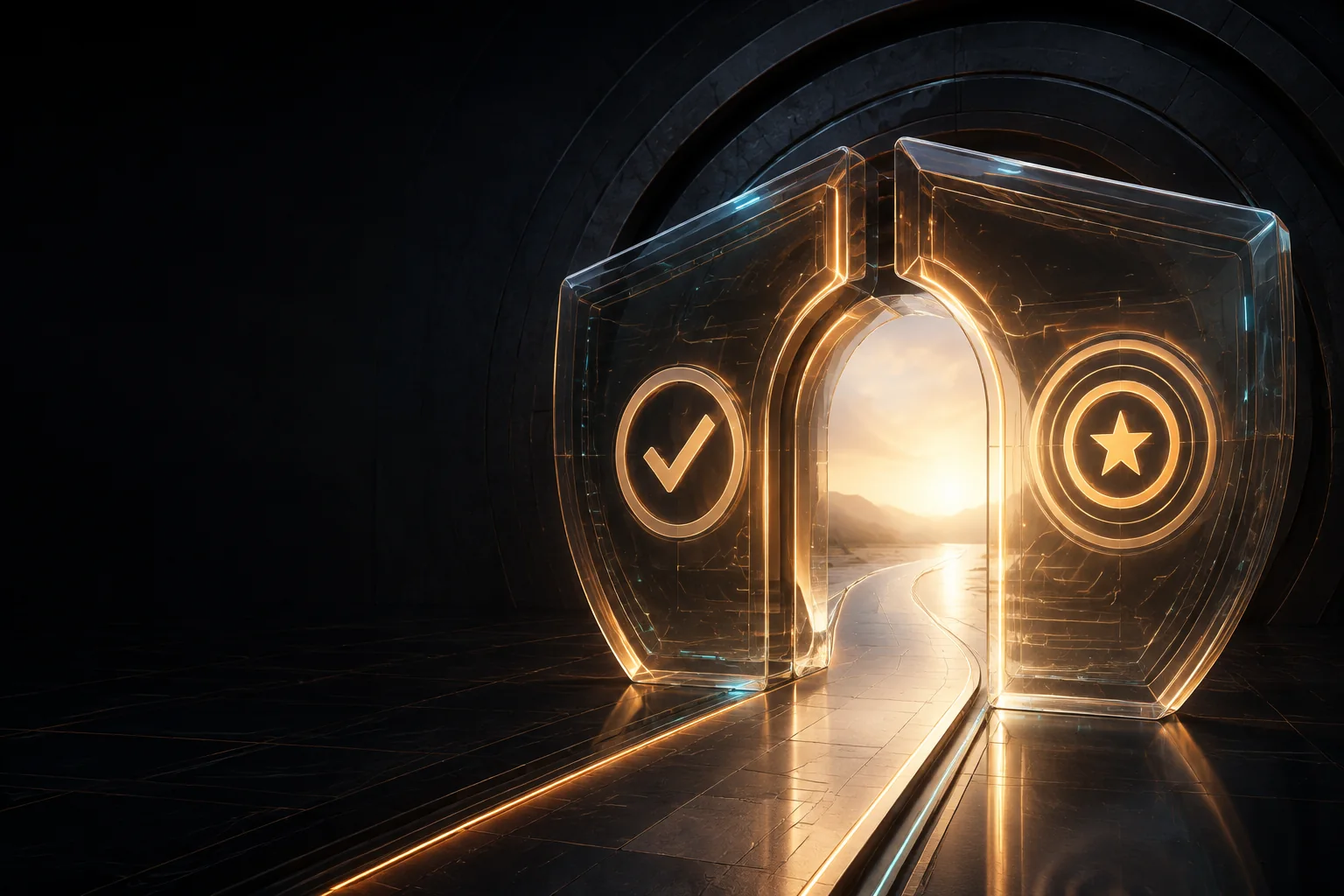 Luminous shield-shaped gateway representing a protected and transparent decision